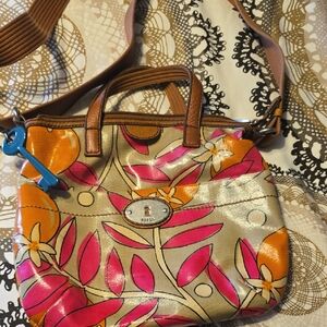 Fossil Metallic Cream Crossbody with Pink & Orange Floral Accents